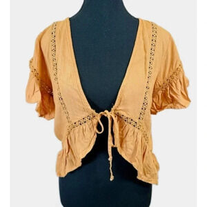Patrons of  Peace Tie Front Ruffle Sleeve Boho Yellow Top